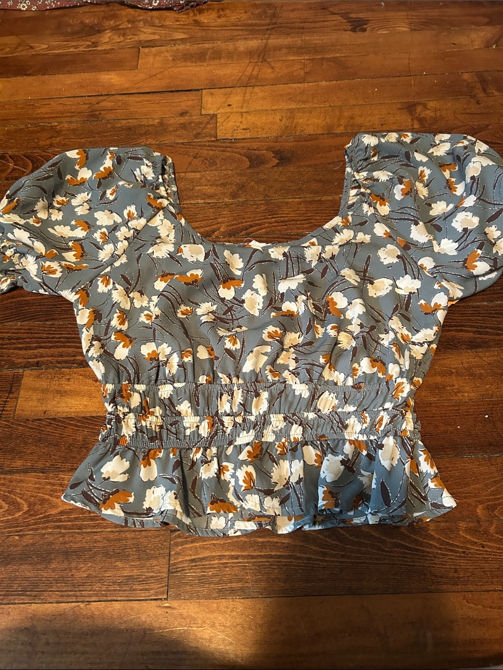 Sienna Sky Blue Floral Puff-Sleeve Smocked Crop Top